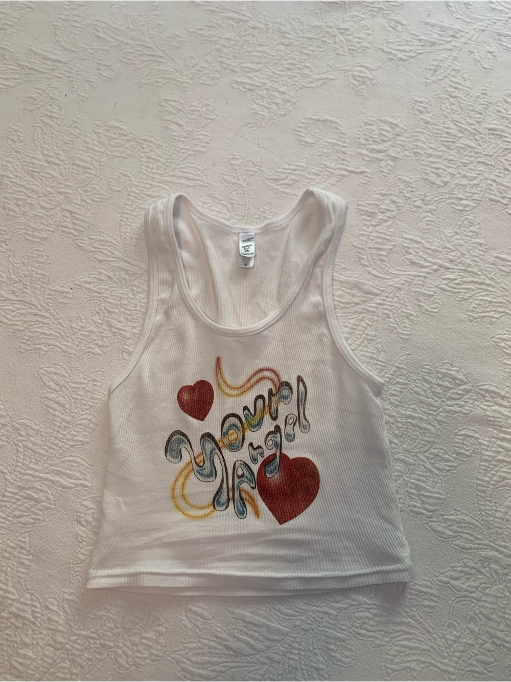 Los Angeles Apparel White Ribbed Tank with Red Hearts and Multicolor Script